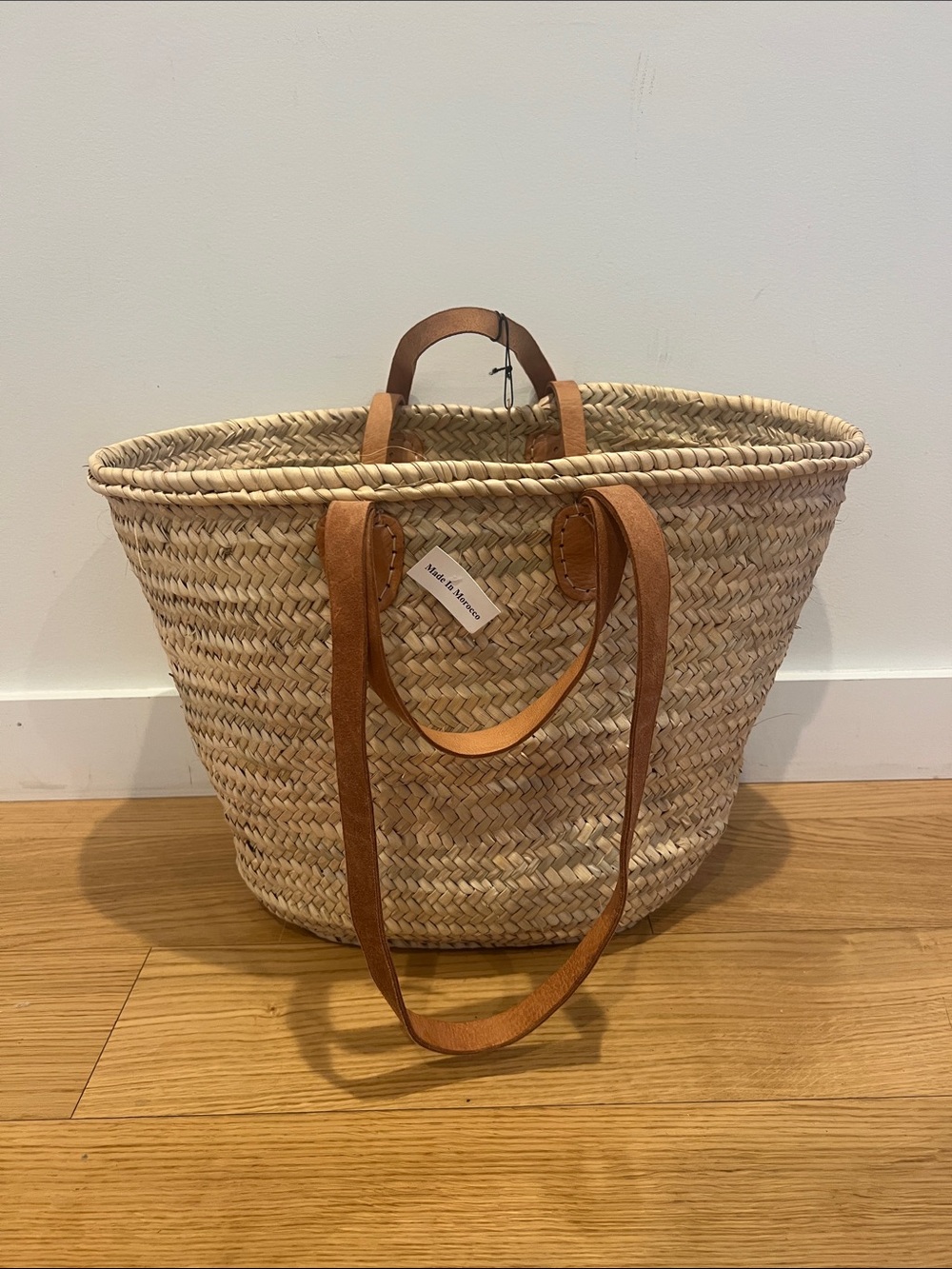 Natural Woven Straw Tote with Brown Leather Handles
